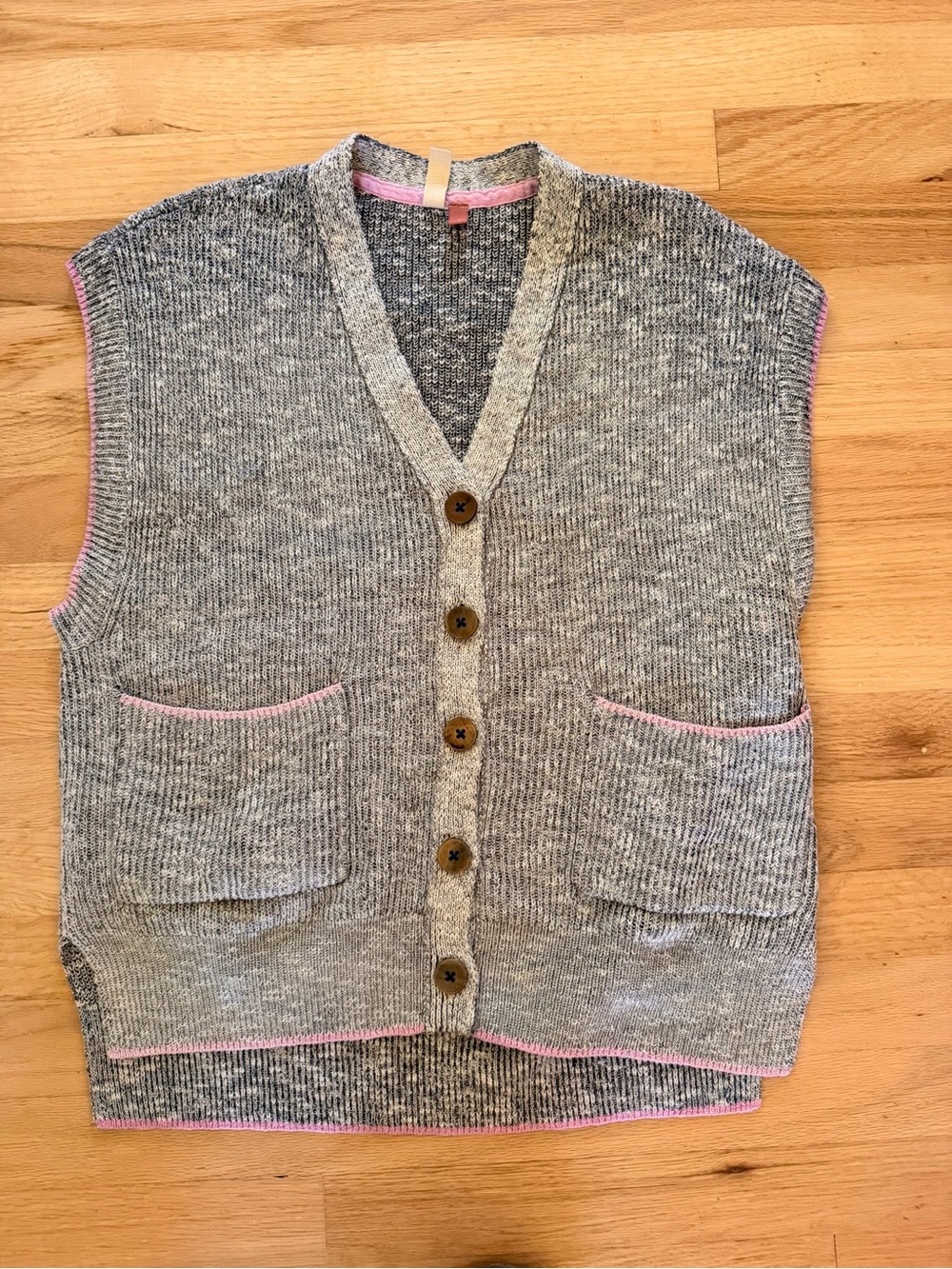 Pilcro Gray Knit Button-Front Vest with Pink Trim